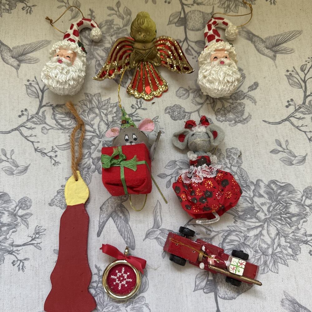 Vintage Lot 60s 70s Christmas Tree Ornaments Decor Santa Angel Candle Felt Mouse